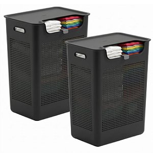 Kit 2 Cesto de Roupa Com Tampa Plástico 50 Litros Duplo Compartimento Preto - Flow  Ou
