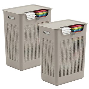 Kit 2 Cesto de Roupa Com Tampa Plástico 50 Litros Duplo Compartimento Bege - Flow  Ou