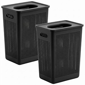 Kit 2 Cesto de Roupa Com Tampa Plástico 38 Litros Lavanderia Banheiro Preto - Flow Ou
