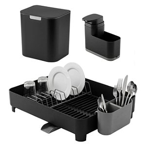 Kit Pia Cozinha 3Pç Lixeira 5 Litros + Dispenser Sabonete + Escorredor Pratos Talheres Preto - Ou