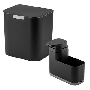 Kit Pia Cozinha 2Pç Lixeira 5 Litros + Dispenser Porta Esponja Detergente 550ml Preto - Liv Ou