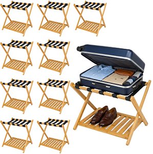 Kit 10 Suporte de Mala Bambu Natural Com Prateleira Sapateira Para Hotel Pousada - AMZ