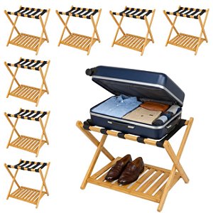 Kit 8 Suporte de Mala Bambu Natural Com Prateleira Sapateira Para Hotel Pousada - AMZ