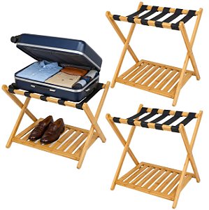 Kit 3 Suporte de Mala Bambu Natural Com Prateleira Sapateira Para Hotel Pousada - AMZ