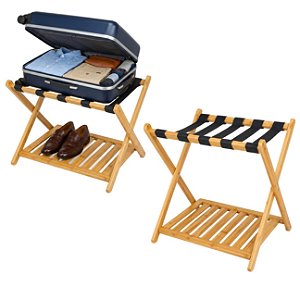 Kit 2 Suporte de Mala Bambu Natural Com Prateleira Sapateira Para Hotel Pousada - AMZ