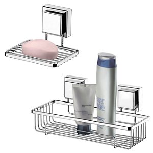 Kit 2pç Banheiro Porta Shampoo + Saboneteira Adesivo Cromado - Future