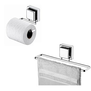 Kit 2pç Banheiro Porta Toalha de Rosto + Papeleira Adesivo Cromado - Future