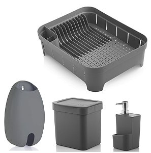 Kit Cozinha Escorredor De Louças + Lixeira 2,5L + Dispenser Detergente + Porta Sacolas - Ou