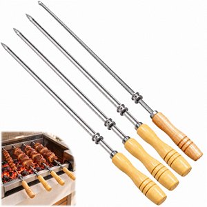 Kit 3 Espeto Simples Inox + 1 Espeto Para Coração +Roldana Churrasco Cabo Madeira 85cm 1,20mm - Matrinox