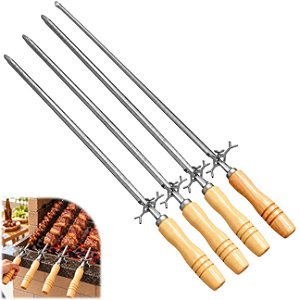Kit 3 Espeto Simples Inox + 1 Espeto Para Coração + Apoio Churrasco Cabo Madeira 85cm 1,20mm - Matrinox