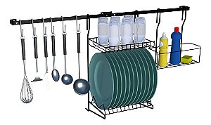 Kit Cozinha Suspensa 10Pçs Barra Escorredor Louça Utensílios Elegance Preto - KIT 02 Dicarlo