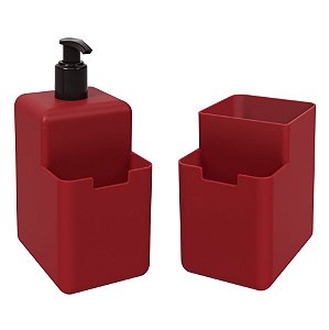 Kit Dispenser Porta Detergente Líquido Esponja Organizador De Pia Cozinha Single Coza - Vermelho