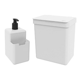 Kit Lixeira 2,5L Dispenser Porta Detergente Líquido Esponja Single Organizador Pia Cozinha Coza - Branco