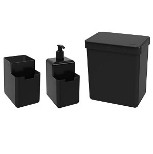 Kit Lixeira 2,5L Dispenser Detergente Líquido Porta Esponja Organizador Pia Single Coza - Preto