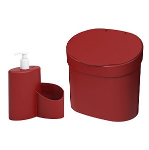 Kit Lixeira 4L Com Tampa Dispenser Detergente Porta Esponja Com Rodinho Coza - Vermelho