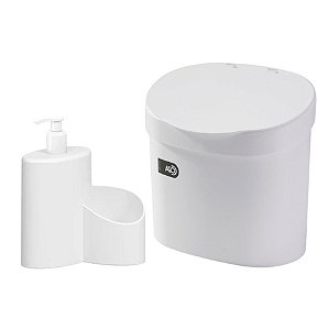 Kit Lixeira 4L Com Tampa Dispenser Detergente Porta Esponja Com Rodinho Coza - Branco