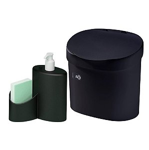 Kit Lixeira 4L Com Tampa Dispenser Detergente Porta Esponja Com Rodinho Coza - Preto