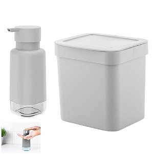 Kit Lixeira 2,5l Com Tampa Dispenser Porta Detergente Bancada Pia Cozinha - Ou