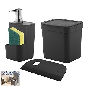 Kit Lixeira 2,5l Dispenser Porta Detergente Rodo Compacto Bancada Pia Cozinha - Ou