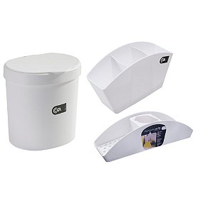 Kit Lixeira 2,5L Organizador De Pia Porta Detergente Esponja Escorredor De Talheres Basic Branco - Coza