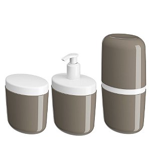 Kit Porta Sabonete Líquido Dispenser Suporte Escova Dente Algodão Cotonete Cinza - Coza