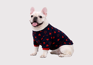 Suéter para Cachorro Bulldogue Plush Azul Marinho com Estampa Corações Roupa de Inverno Quente Gaby Moda Pet