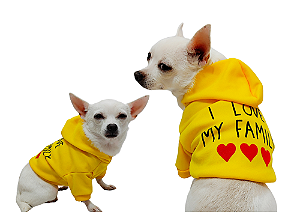 Blusão para Cachorro Moletom com Capuz I Love My Family Amarelo Gaby Moda Pet