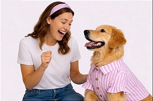 Camisa Pet Alfaiataria Listras Rosa Premium Gaby Moda Pet Golden Retrivier