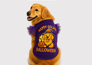 CAMISETA PET FANTASIA HALLOWEN GOLDEN RETRIVIER BABADINHO ROXA GOLDEN RETRIVIER