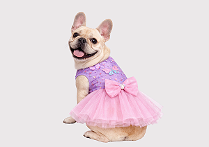 Vestido para Cachorro Bulldogue Luxo Princesa Borboleta 3D Rosa com Tule e Laço Gaby Moda Pet Roupa Pet Feminina