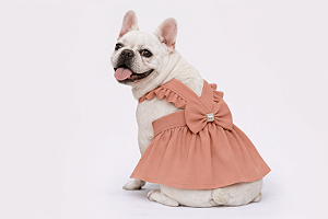 Vestido para Cachorro Bulldogue Luxo Nude com Laço Roupa Pet Elegante Gaby Moda Pet