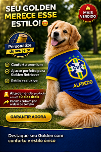 Roupa para Golden Retriever Personalizada Brasil Copa – Camiseta Pet Confortável e Estilosa + Personalização nome