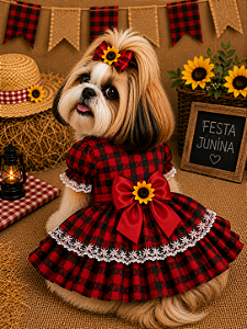 Fantasia Vestido para Cachorro Festa Junina Gaby Moda Pet Golden Retrivier + Lacinho