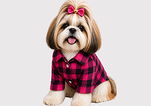 Roupa Camisa Pet Porte Pequeno Xadrez Rosa Manga Longa Gaby Moda Pet
