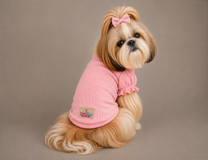 Roupa para Cachorro Shih Tzu Feminina Rosa – Blusa 100% Algodão Canelada com Babado