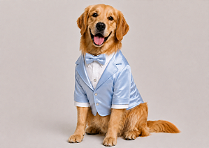 Roupa para Golden Retriever em Terno Azul Claro Acetinado – Terno Pet Social com Gravata Borboleta