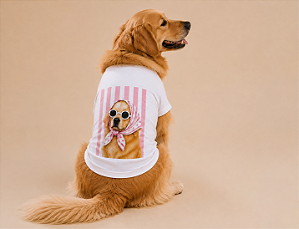 Camisetas T-Shirt para Pets em Algodão – Personalizadas com Estampas de Raças Golden Retrivier Listra Rosa