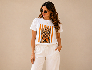 Camiseta Feminina Renda Tal Mãe Tal Pet em Algodão – Estampa de Raça de Cachorro Yorkshire