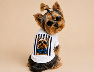 Camisetas T-Shirt para Pets em Algodão – Personalizadas com Estampas de Raças Yorkshire Listas Azul