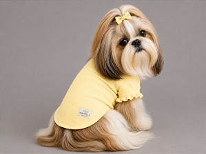 Roupa para Cachorro Porte Pequeno Feminina Amarela – Blusa 100% Algodão Canelada com Babado