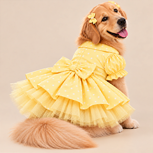 Vestido Pet Princess Premium 100% Algodão com Tule e Laço Porte Grande Poa Amarelo – Sob Encomenda