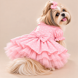 Vestido Pet Princess Premium 100% Algodão Poa Rosa com Tule e Laço Porte Pequeno – Sob Encomenda