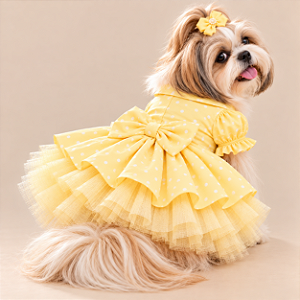 Vestido Pet Princess Premium 100% Algodão Poa Amarelo com Tule e Laço Porte Pequeno – Sob Encomenda