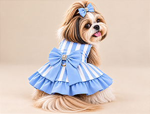 Vestido Pet Petit Perle Azul 100% Algodão com Laço e Babados Porte Pequeno + Brinde Lacinho Penteado