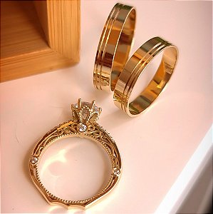 CONJUNTO DE ALIANÇAS NORONHA COM ANEL ZURIQUE EM OURO 18K-4MM