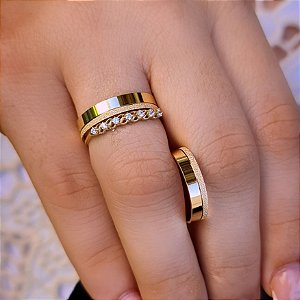 CONJUNTO ALIANÇAS ÍRIS COM APARADOR SOFIA  EM OURO 18K-4MM