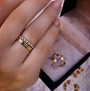 CONJUNTO ALIANÇAS ALASCA COM APARADOR SOFIA  EM OURO 18K-3MM