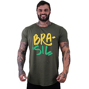 Camiseta Longline Masculina MXD Conceito Bandeira do Brasil Pincelado