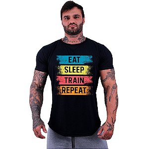 Camiseta Longline Masculina Manga Curta MXD Conceito Eat Sleep Train Repeat