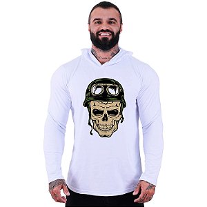 Camiseta Manga Longa Longline Com Touca MXD Conceito Caveira Soldado